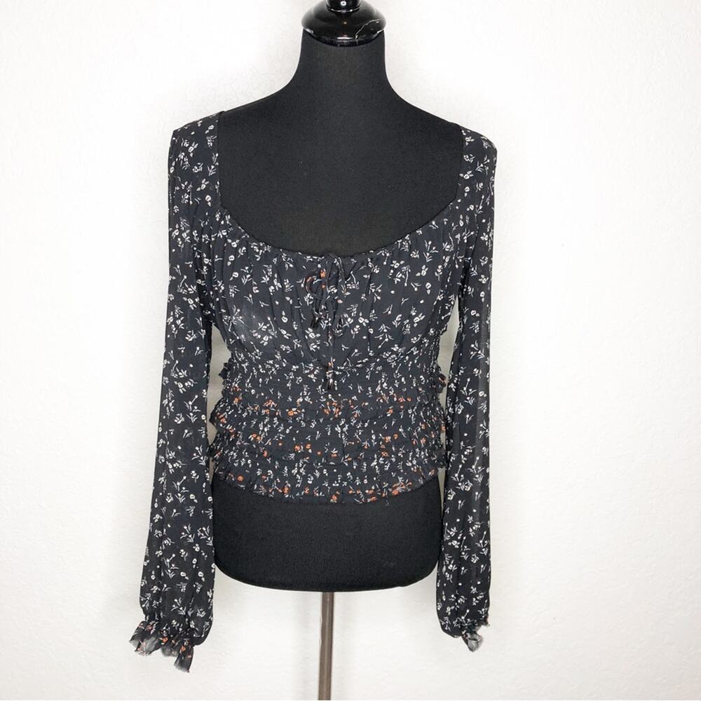 Free People black floral sheer smocked boho peasant top size Medium